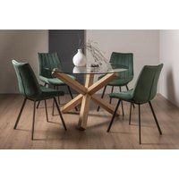 Product photograph of Bentley Designs Turin Glass 4 Seater Dining Table Light Oak Legs With 4 Fontana Green Velvet Chairs from Choice Furniture Superstore