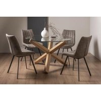 Bentley Designs Turin Glass 4 Seater Dining Table Light Oak Legs with 4 Fontana Tan Faux Suede Fabric Chairs