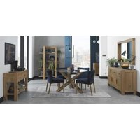 Product photograph of Bentley Designs Turin Glass 4 Seater Dining Table Light Oak Legs With 4 Low Back Chairs In Dark Blue Velvet from Choice Furniture Superstore