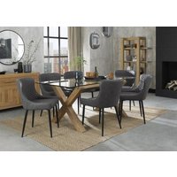 Product photograph of Bentley Designs Turin Glass 6 Seater Dining Table Light Oak Legs With 6 Cezanne Dark Grey Faux Leather Chairs - Black Legs from Choice Furniture Superstore