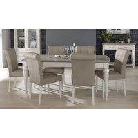 Product photograph of Bentley Designs Montreux Grey Washed Oak And Soft Grey 6 To 8 Seater Extending Dining Table With 6 Upholstered Grey Bonded Leather Chairs from Choice Furniture Superstore