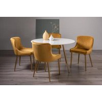 Product photograph of Bentley Designs Francesca White Glass 4 Seater Dining Table With 4 Cezanne Mustard Velvet Chairs - Gold Legs from Choice Furniture Superstore