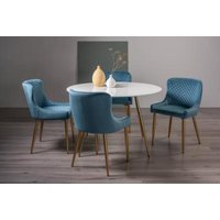 Product photograph of Bentley Designs Francesca White Glass 4 Seater Dining Table With 4 Cezanne Petrol Blue Velvet Chairs - Gold Legs from Choice Furniture Superstore