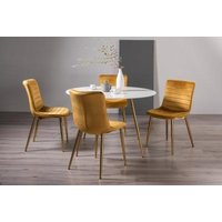 Product photograph of Bentley Designs Francesca White Glass 4 Seater Dining Table With 4 Rothko Mustard Velvet Chairs - Gold Legs from Choice Furniture Superstore