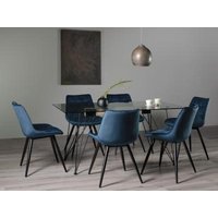 Product photograph of Bentley Designs Miro Clear Glass 6 Seater Dining Table With 6 Seurat Blue Velvet Chairs from Choice Furniture Superstore