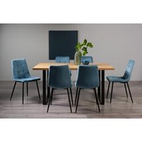 Product photograph of Bentley Designs Ramsay Oak Melamine 6 Seater Dining Table - U Leg With 6 Mondrian Petrol Blue Velvet Chairs from Choice Furniture Superstore
