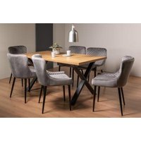 Product photograph of Bentley Designs Ramsay Oak Melamine 6 Seater Dining Table - X Leg With 6 Cezanne Grey Velvet Chairs - Black Legs from Choice Furniture Superstore