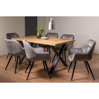 Product photograph of Bentley Designs Ramsay Oak Melamine 6 Seater Dining Table - X Leg With 6 Dali Grey Velvet Chairs from Choice Furniture Superstore