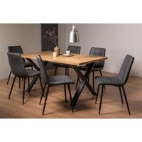 Product photograph of Bentley Designs Ramsay Oak Melamine 6 Seater Dining Table - X Leg With 6 Mondrian Dark Grey Faux Leather Chairs from Choice Furniture Superstore