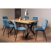 Product photograph of Bentley Designs Ramsay Oak Melamine 6 Seater Dining Table - X Leg With 6 Mondrian Petrol Blue Velvet Chairs from Choice Furniture Superstore