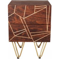 Product photograph of Dark Mango Wood 2 Drawer Side Table - Hairpin Legs With Gold Geomatric Inlay from Choice Furniture Superstore
