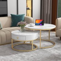Product photograph of Round Nesting Coffee Tables With Drawer Set Of 2 With Storage Gold Metal Frame And Marble Pattern Top For Living Room And Office White Aosom Uk from Aosom UK