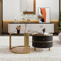Product photograph of 2-in-1 Round Coffee Table Set With High-gloss And Tempered Glass Tops 2 Drawers 70x70x45 50x50x40 Cm For Living Room Brown Black Aosom Uk from Aosom UK