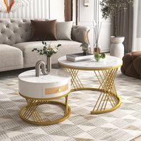 Product photograph of 2-in-1 Nesting Coffee Table With Marble Top And Mental Legs Round Coffee Table With Storage And Wooden Handle 70x70x45 5 Cm White Gold Aosom Uk from Aosom UK