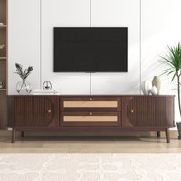 Product photograph of Natural Walnut Modern Tv Stand With Rattan Drawers And Solid Wood Legs Solid Wood Doors And Storage Solution 170x39 5x46 Cm Natural Aosom Uk from Aosom UK