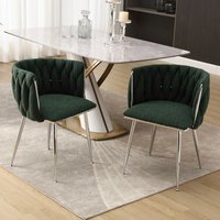 Product photograph of Set Of 2 Upholstered Dining Chairs With Silver Legs Hand-woven Backrest Boucle Dressing Table Chair For Bedroom 54x52x73 Cm Emerald Aosom Uk from Aosom UK