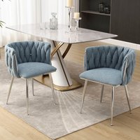 Product photograph of Set Of 2 Upholstered Dining Chairs With Silver Legs Hand-woven Backrest Boucle Dressing Table Chair For Bedroom 54x52x73 Cm Light Blue Aosom Uk from Aosom UK