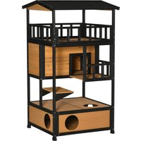 Product photograph of Pawhut Wooden Cat House 3-tier For Winter Kitten Shelter Lodge W Tilted Roof Terrace Jump Step Bottom Tray Elevated Base Yellow from Aosom UK