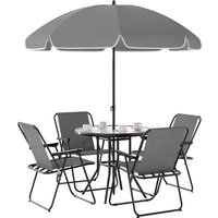 Product photograph of Outsunny 4 Seater Garden Furniture Set 6 Pieces Garden Table And Chairs With Parasol Folding Chairs And Round Glass Top Table For Patio Grey from Aosom UK