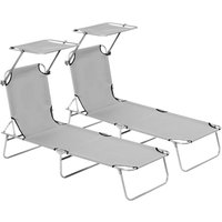 Product photograph of Outsunny Reclining Sun Lounger Set 2 Foldable Chairs With Canopy Breathable Mesh Fabric Adjustable Light Grey Aosom Uk from Aosom UK