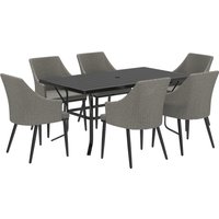 Product photograph of Outsunny 6 Seater Rattan Dining Set With Cushions Garden Furniture Set With Armchairs Rectangle Slatted Table Top Steel Frame Parasol Hole Wicker Outdoor Furniture For Patio Balcony Grey from Aosom UK