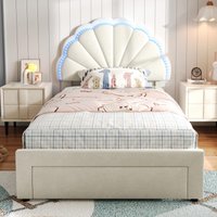 Product photograph of Upholstered Single Bed With Shell Backrest Led Light Strips Storage Drawer Perfect For Modern Bedroom 200l X 91w X 114 5h Cm Beige Aosom Uk from Aosom UK