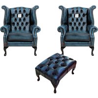 Product photograph of Chesterfield 2 X Chairs Footstool Antique Blue Leather Chairs Offer In Queen Anne Style from Chesterfield Sofas