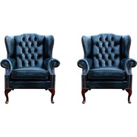 Product photograph of Chesterfield 2 X Wing Chair Antique Blue Leather Bespoke In Mallory Style from Chesterfield Sofas