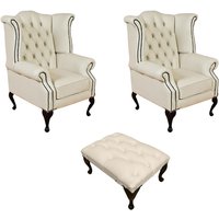 Product photograph of Chesterfield 2 X Wing Chairs Footstool Cottonseed Cream Leather In Queen Anne Style from Chesterfield Sofas