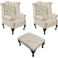 Product photograph of Chesterfield 2 X Wing Chairs Footstool Ivory Leather In Queen Anne Style from Chesterfield Sofas