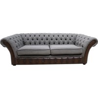 Product photograph of Chesterfield 3 Seater Antique Brown Real Leather Bacio Pewter Fabric Sofa In Jepson Style from Chesterfield Sofas