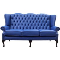 Product photograph of Chesterfield 3 Seater Flat Wing High Back Sofa Ultramarine Blue Leather In Queen Anne Style from Chesterfield Sofas