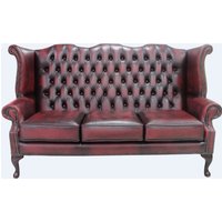 Product photograph of Chesterfield 3 Seater High Back Wing Sofa Antique Oxblood Red Leather In Queen Anne Style from Chesterfield Sofas