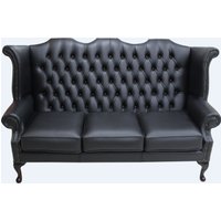 Product photograph of Chesterfield 3 Seater High Back Wing Sofa Shelly Black Leather In Queen Anne Style from Chesterfield Sofas