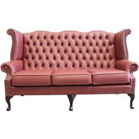 Product photograph of Chesterfield 3 Seater High Back Wing Sofa Shelly Burgandy Leather In Queen Anne Style from Chesterfield Sofas