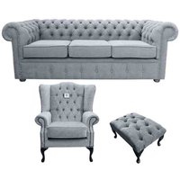 Product photograph of Chesterfield 3 Seater Mallory Chair Footstool Verity Plain Steel Grey Fabric Sofa Suite from Chesterfield Sofas