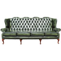 Product photograph of Chesterfield 4 Seater Flat Wing High Back Antique Green Real Leather Sofa In Queen Anne Style from Chesterfield Sofas