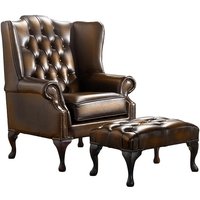 Product photograph of Chesterfield Flat Wing Chair Footstool Antique Autumn Tan Leather In Mallory Style from Chesterfield Sofas