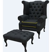 Product photograph of Chesterfield High Back Chair Footstool Charles Charcoal Yellow Trim Linen Fabric In Queen Anne Style from Chesterfield Sofas