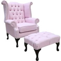 Product photograph of Chesterfield Linen Queen Anne High Back Wing Chair Footstool Charles Pink Fabric from Chesterfield Sofas