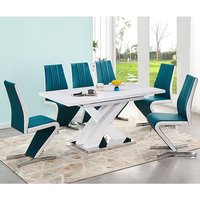 Product photograph of Axara Large Extending White Dining Table 6 Gia Teal White Chairs from Furniture in Fashion