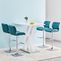 Product photograph of Axara White High Gloss Bar Table With 4 Candid Teal Stools from Furniture in Fashion