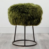 Product photograph of Bovril Sheepskin Stool With Black Metal Legs In Olive Green from Furniture in Fashion