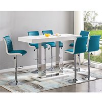 Product photograph of Caprice Large White Gloss Bar Table 6 Ritz Teal White Stools from Furniture in Fashion