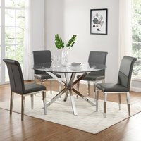 Product photograph of Crossley Round Glass Dining Table With 4 Kirkland Grey Chairs from Furniture in Fashion