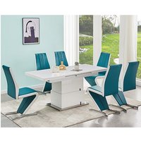 Product photograph of Elgin Convertible White Gloss Dining Table 6 Gia Teal Chairs from Furniture in Fashion