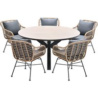 Product photograph of Ezra Light Teak Dining Table Large Round 6 Mystic Grey Chairs from Furniture in Fashion