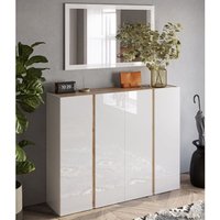 Product photograph of Flint Wide High Gloss Shoe Cabinet With Mirror In White Cadiz Oak from Furniture in Fashion
