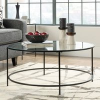 Product photograph of Hamlet Clear Glass Round Coffee Table With Black Metal Frame from Furniture in Fashion