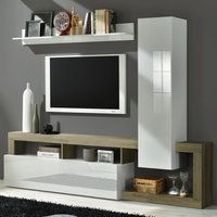 Product photograph of Hanmer Small White Gloss Entertainment Wall Unit In Cadiz Oak from Furniture in Fashion